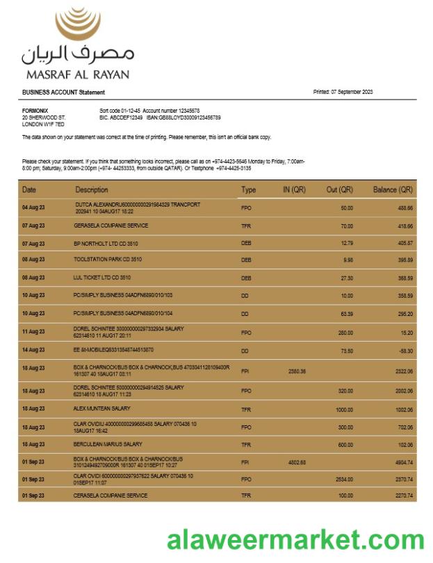 Masraf Al Rayan Bank company checking account statement Word and PDF template